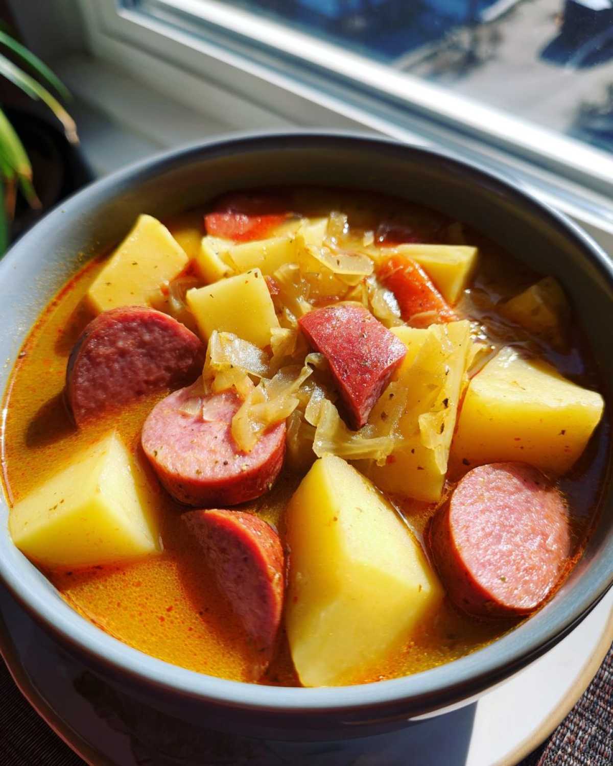 Close-up of a bowl of rich, yellow sauerkraut soup filled with chunks of potato, sliced smoked sausage, and cooked cabbage.
