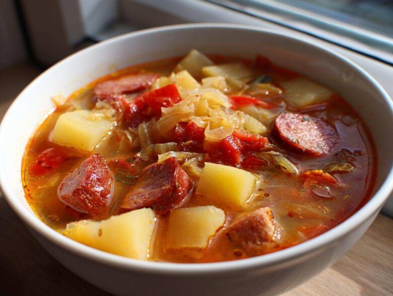Close-up of a steaming bowl of sauerkraut soup featuring chunks of sausage, potatoes, and tomatoes.