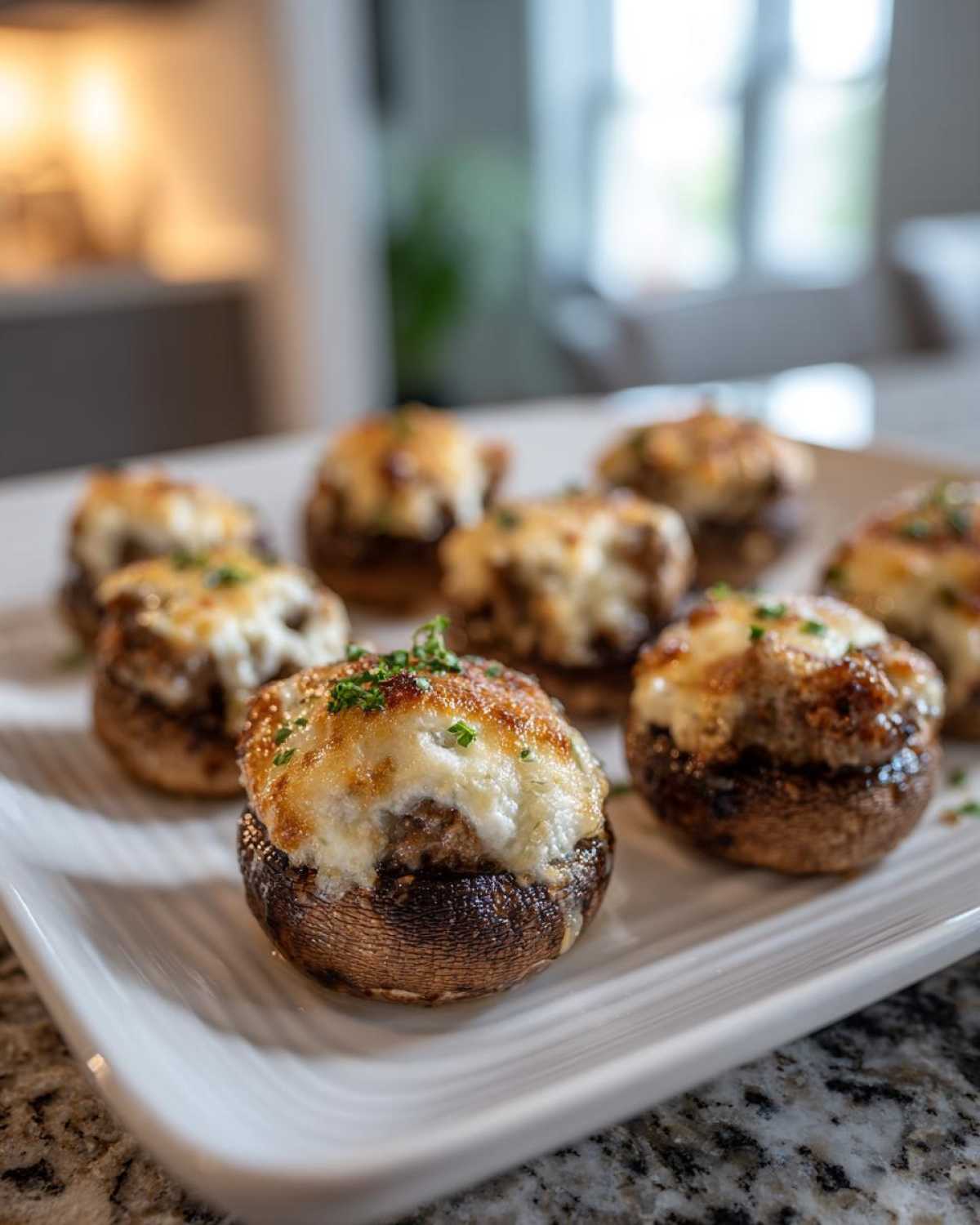 Close-up of baked Sausage stuffed mushrooms topped with melted, browned cheese and fresh parsley.