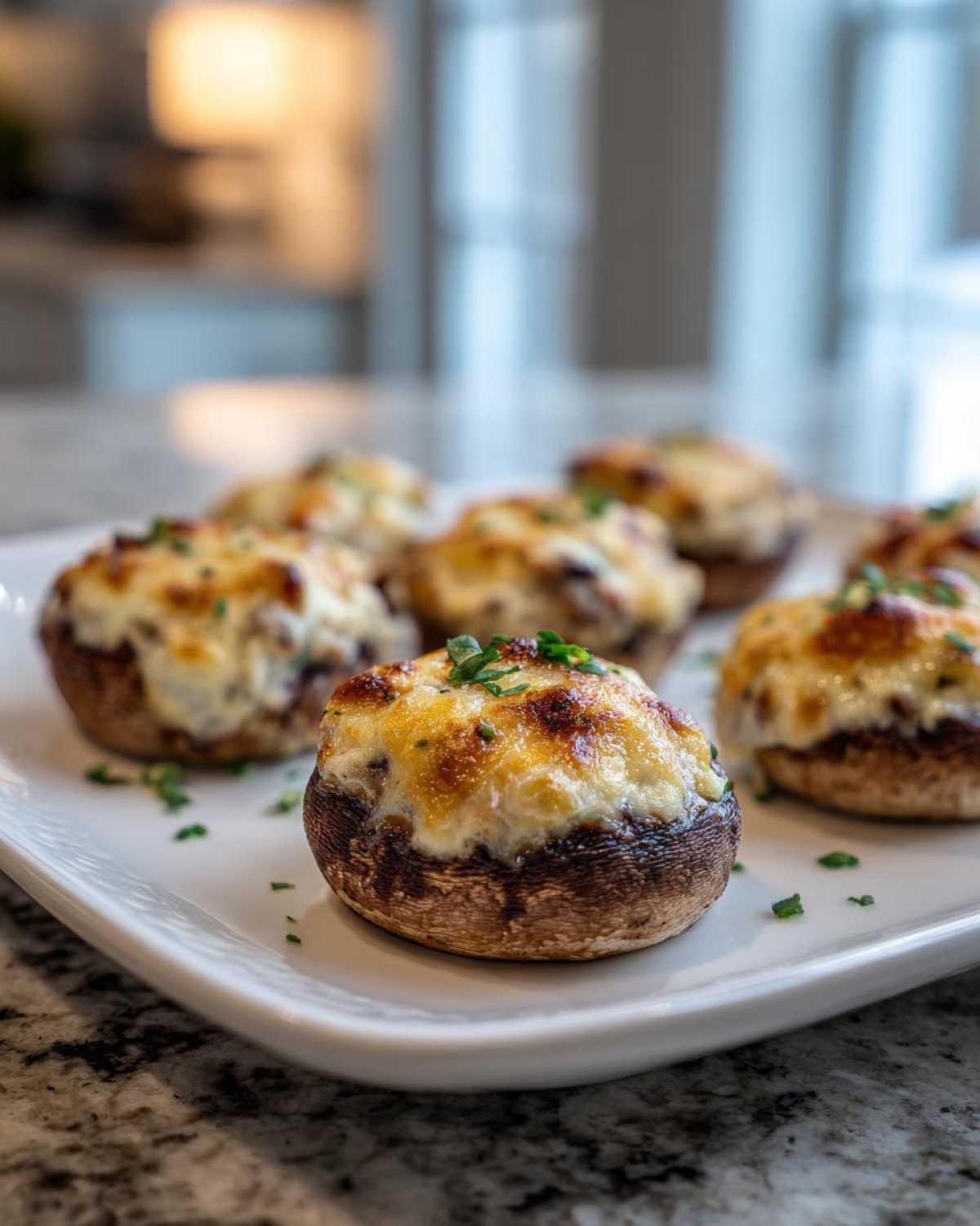 Close-up of baked sausage stuffed mushrooms topped with golden, melted cheese and sprinkled with fresh chives.