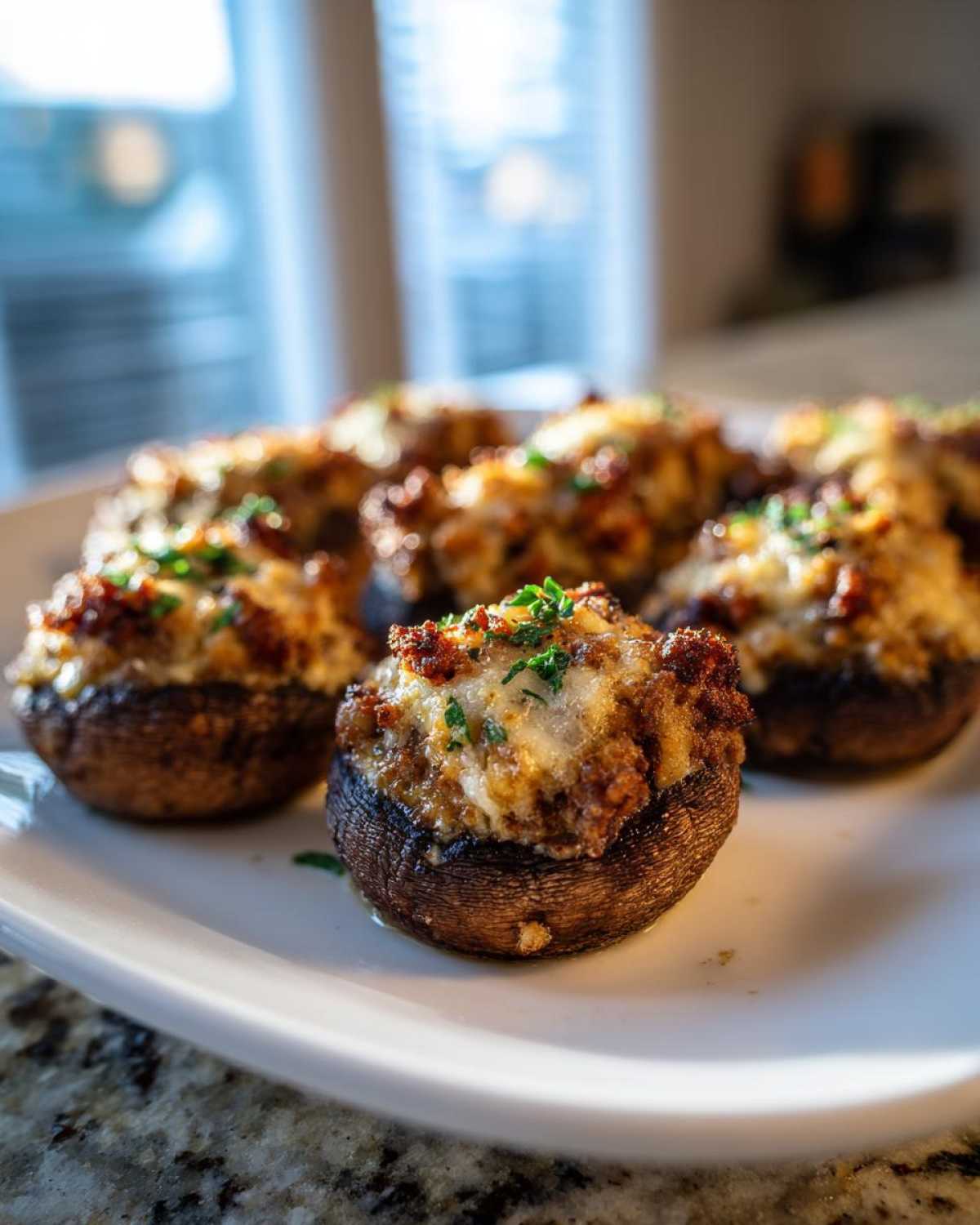 A close-up of several baked sausage stuffed mushrooms topped with melted cheese and parsley.