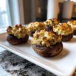 Close-up of several baked sausage stuffed mushrooms with golden, cheesy tops served on a white rectangular platter.