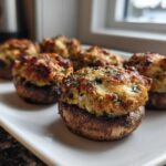 Close-up of baked sausage stuffed mushrooms with golden-brown, cheesy tops served on a rectangular white plate.