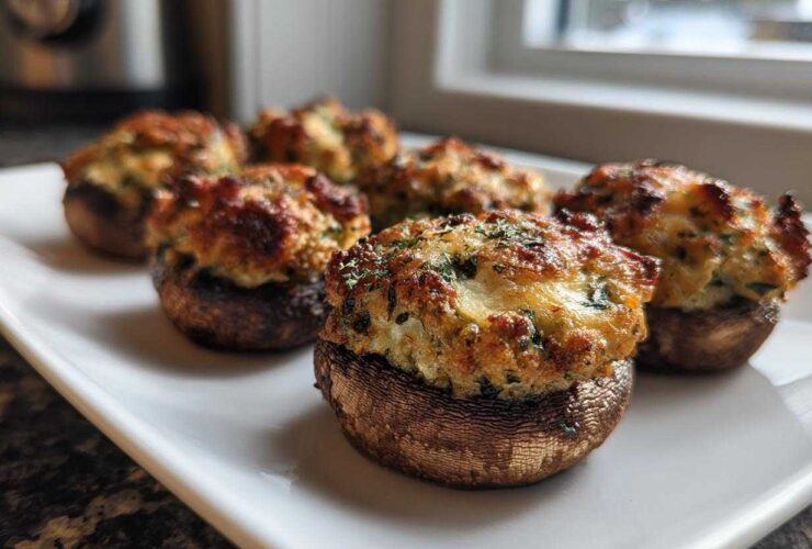 Close-up of baked sausage stuffed mushrooms with golden-brown, cheesy tops served on a rectangular white plate.