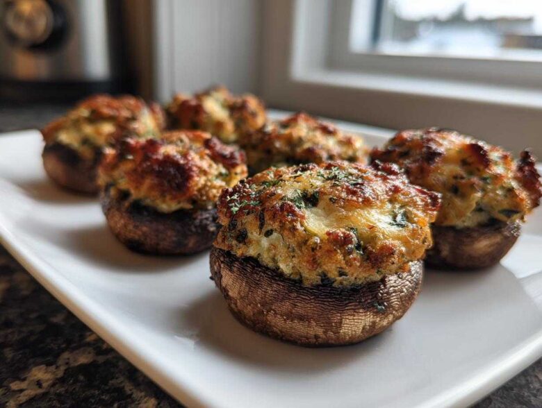 Close-up of baked sausage stuffed mushrooms with golden-brown, cheesy tops served on a rectangular white plate.