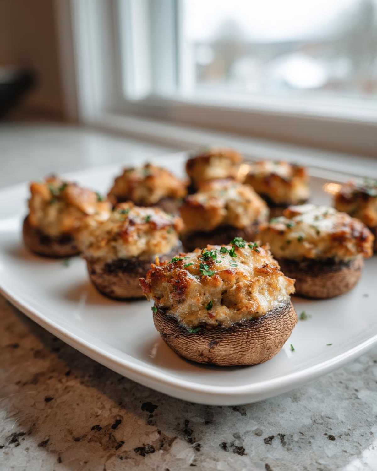 Close-up of freshly baked sausage stuffed mushrooms garnished with parsley on a white serving dish.