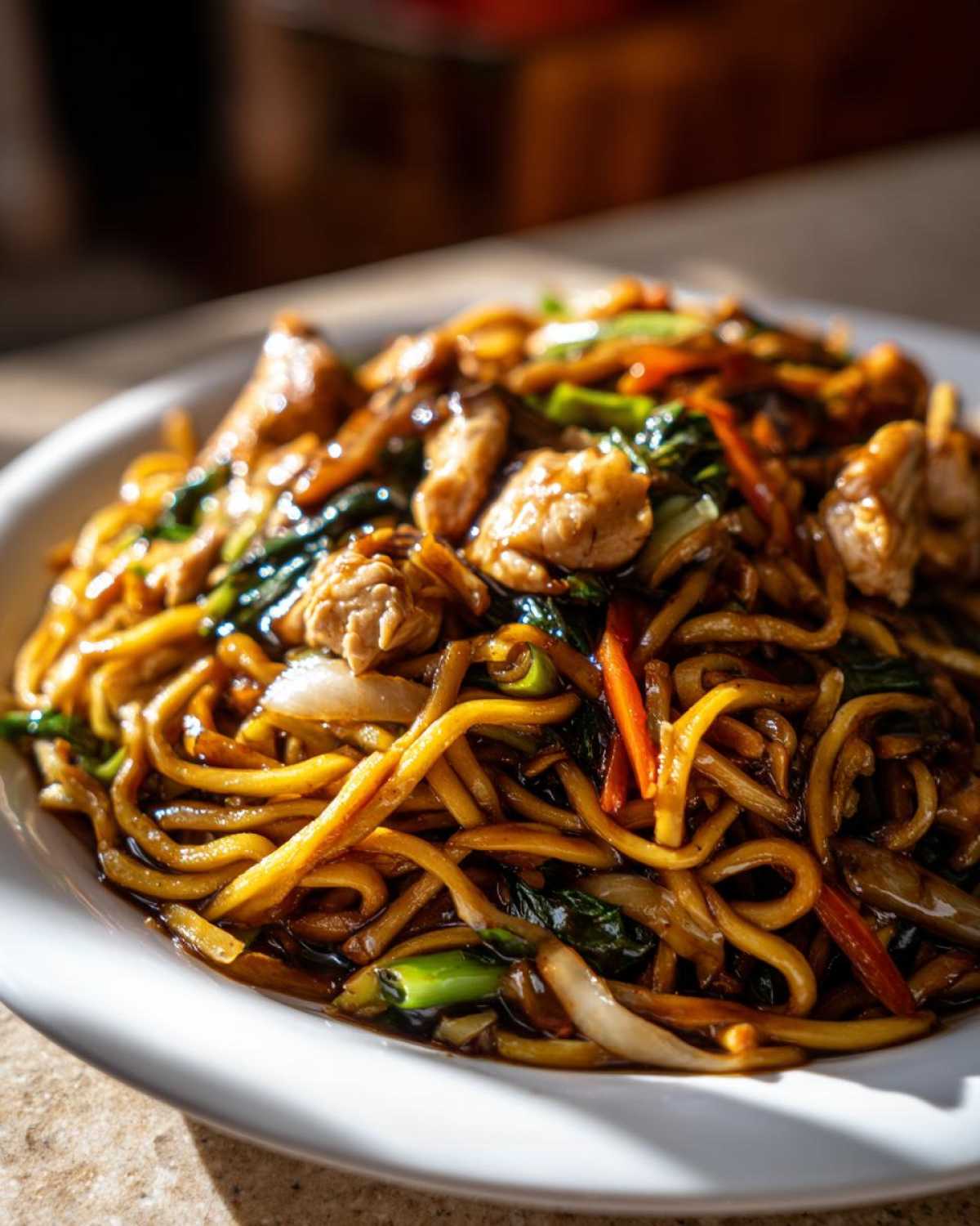 Close-up of a plate piled high with savory chicken chow mein recipe noodles, chicken pieces, and stir-fried vegetables.