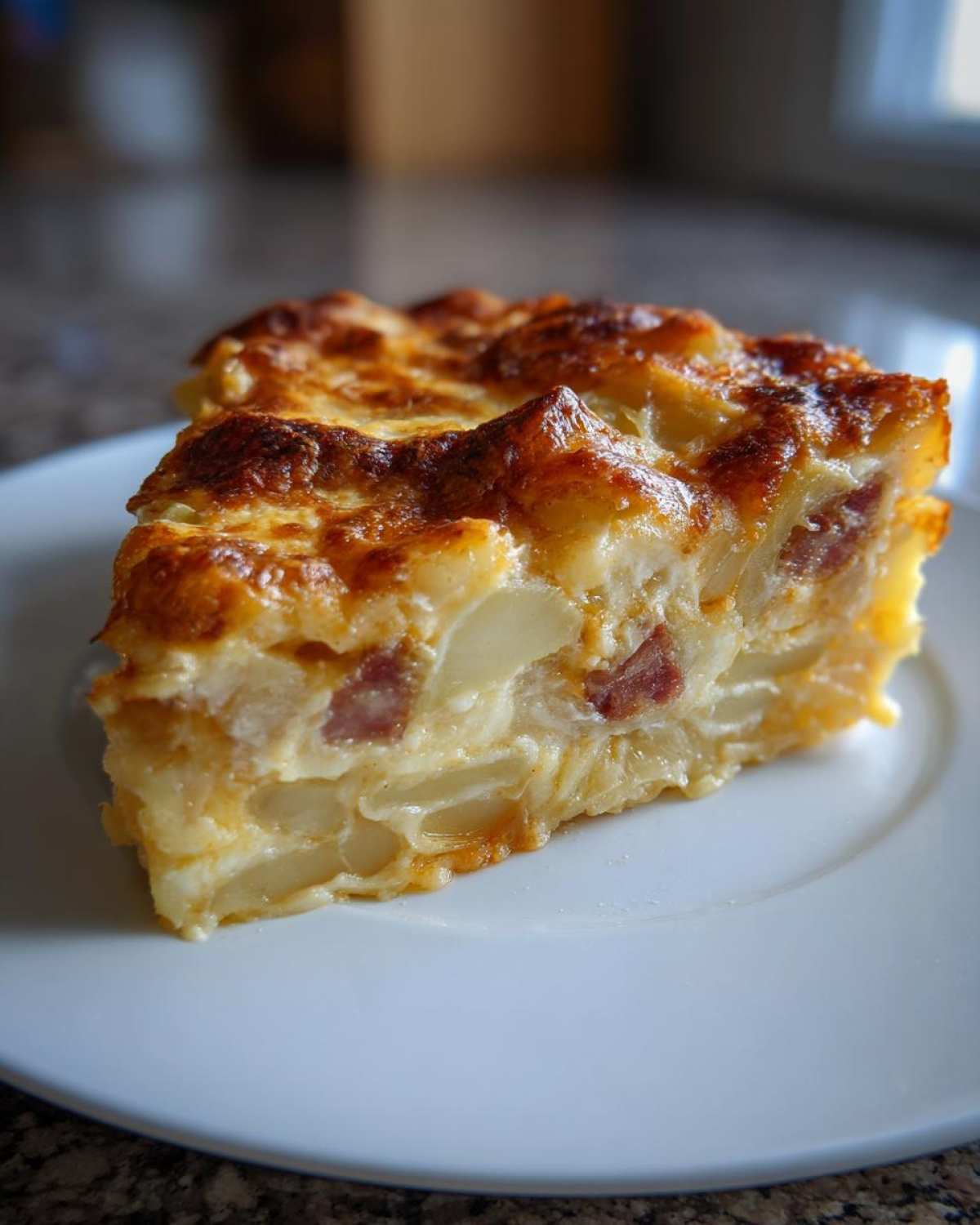 A thick slice of baked scalloped potatoes and ham casserole with a golden, cheesy crust on a white plate.