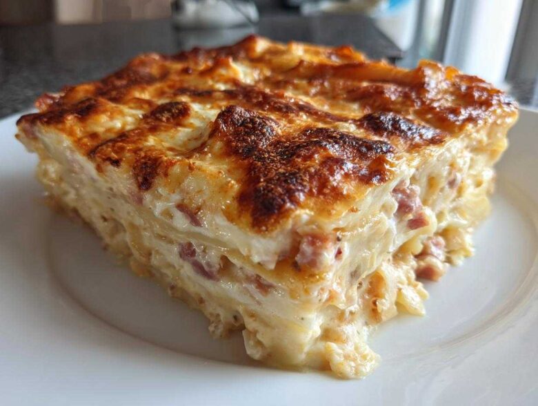 A thick, baked slice of creamy scalloped potatoes and ham showing layers and a golden-brown cheesy top.