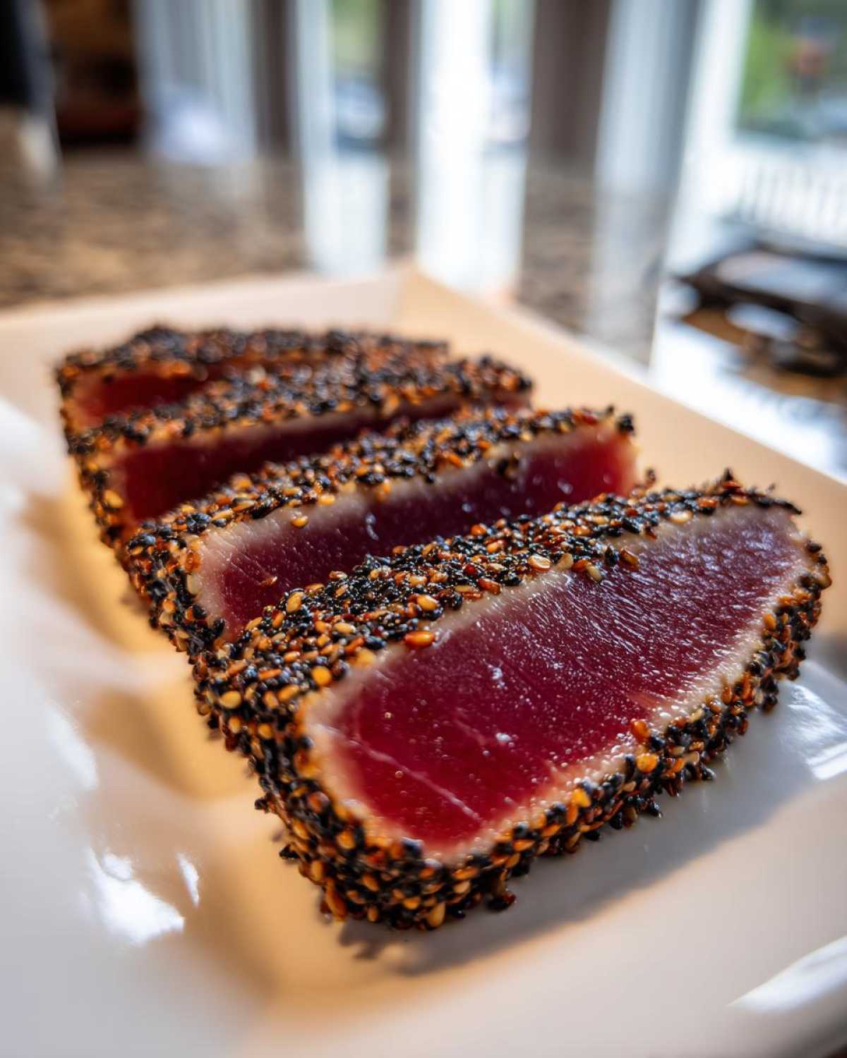 Four thick slices of perfectly seared ahi tuna, crusted with black and white sesame seeds, showing a rare, deep red center.
