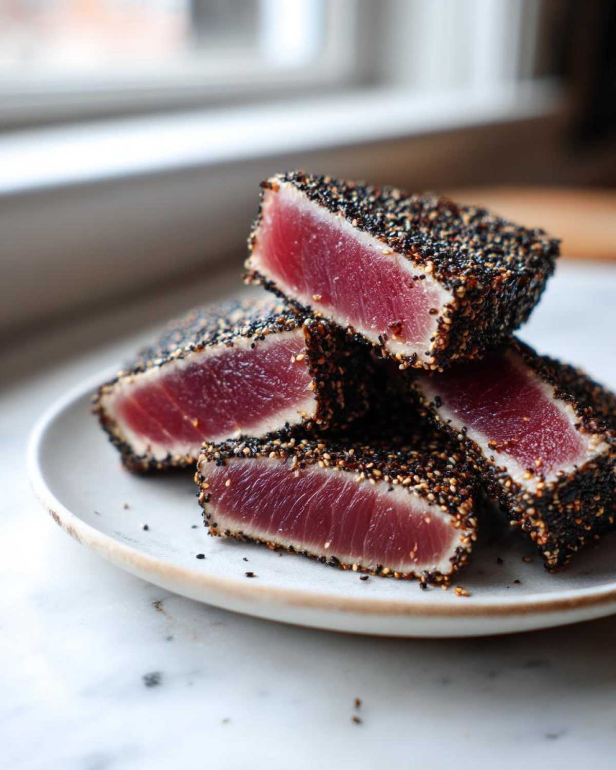 Four pieces of perfectly seared ahi tuna, crusted with black and white sesame seeds, stacked on a plate.