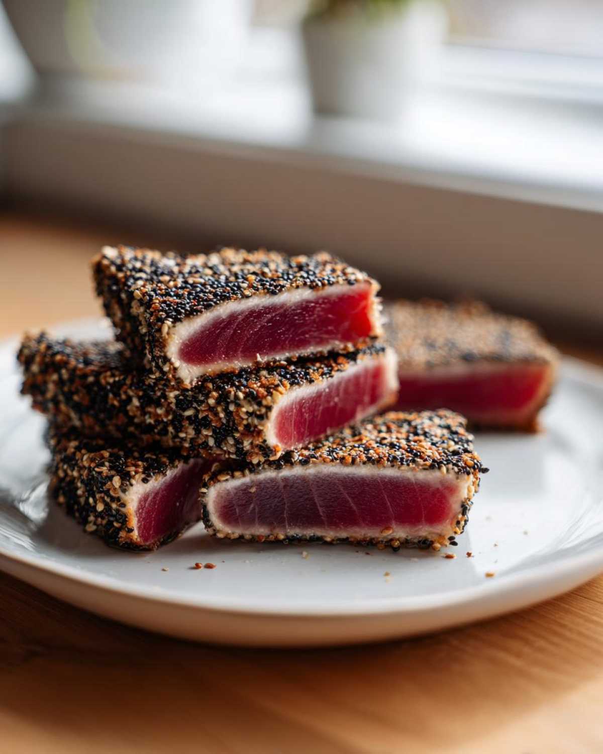 Close-up of perfectly seared ahi tuna steaks crusted with black and white sesame seeds, showing a rare, deep red center.