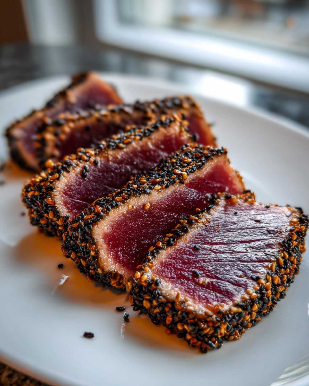 Four slices of perfectly Seared Ahi Tuna, crusted with black and white sesame seeds, showing a deep red interior.