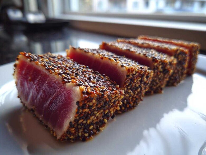 Four thick slices of perfectly Seared Ahi Tuna, crusted with sesame seeds, showing a rare, bright red center.