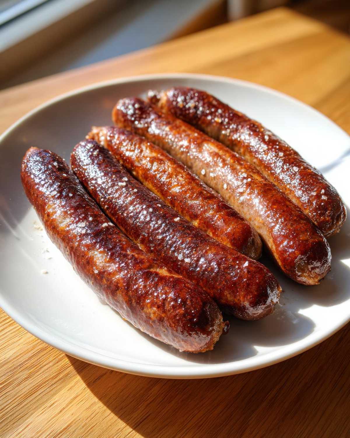 Five perfectly browned sausages, likely for pretzel dogs, sprinkled with coarse salt on a white plate.