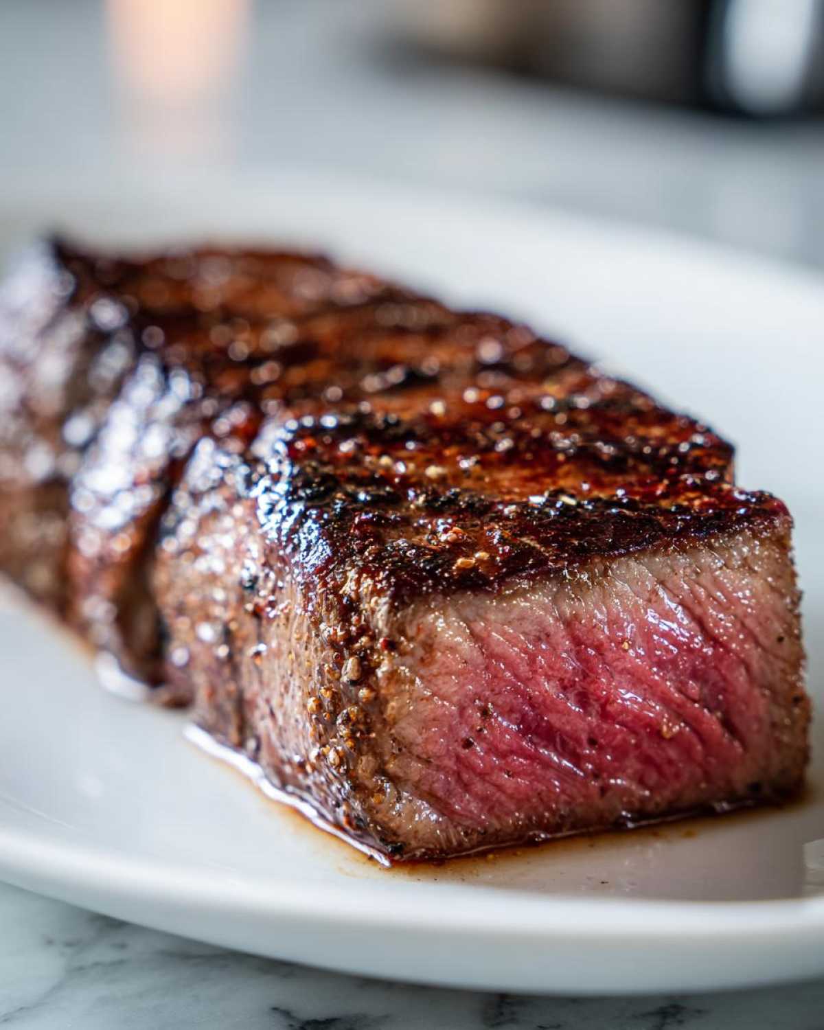 Close-up of a perfectly seared steak, cooked medium-rare, seasoned with pepper, ready after using the MARINADE FOR TUNA STEAK.
