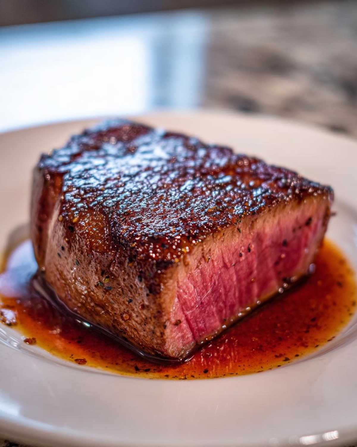Close-up of a perfectly seared, medium-rare tuna steak resting in its flavorful marinade juices on a white plate.