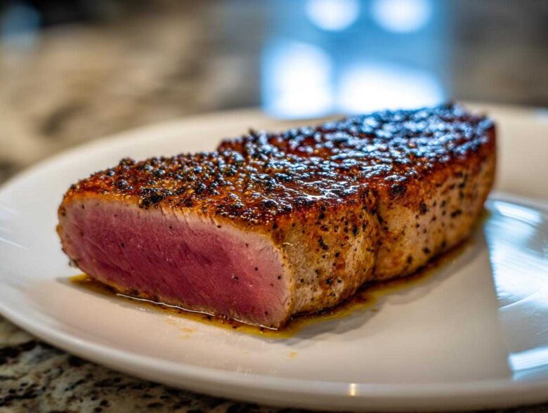 Close-up of a perfectly seared tuna steak, rare in the center, seasoned with a pepper crust, prepared using a MARINADE FOR TUNA STEAK.
