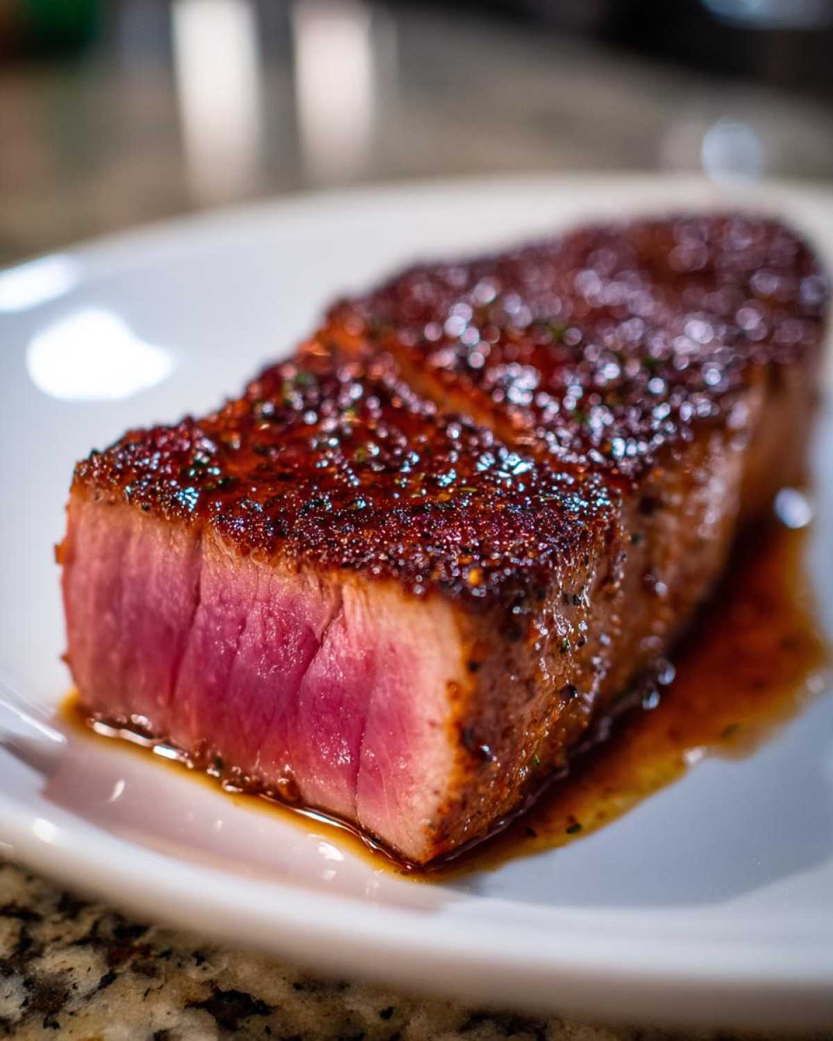 Close-up of a perfectly seared, rare tuna steak showing a pink center and dark, glazed crust from the MARINADE FOR TUNA STEAK.