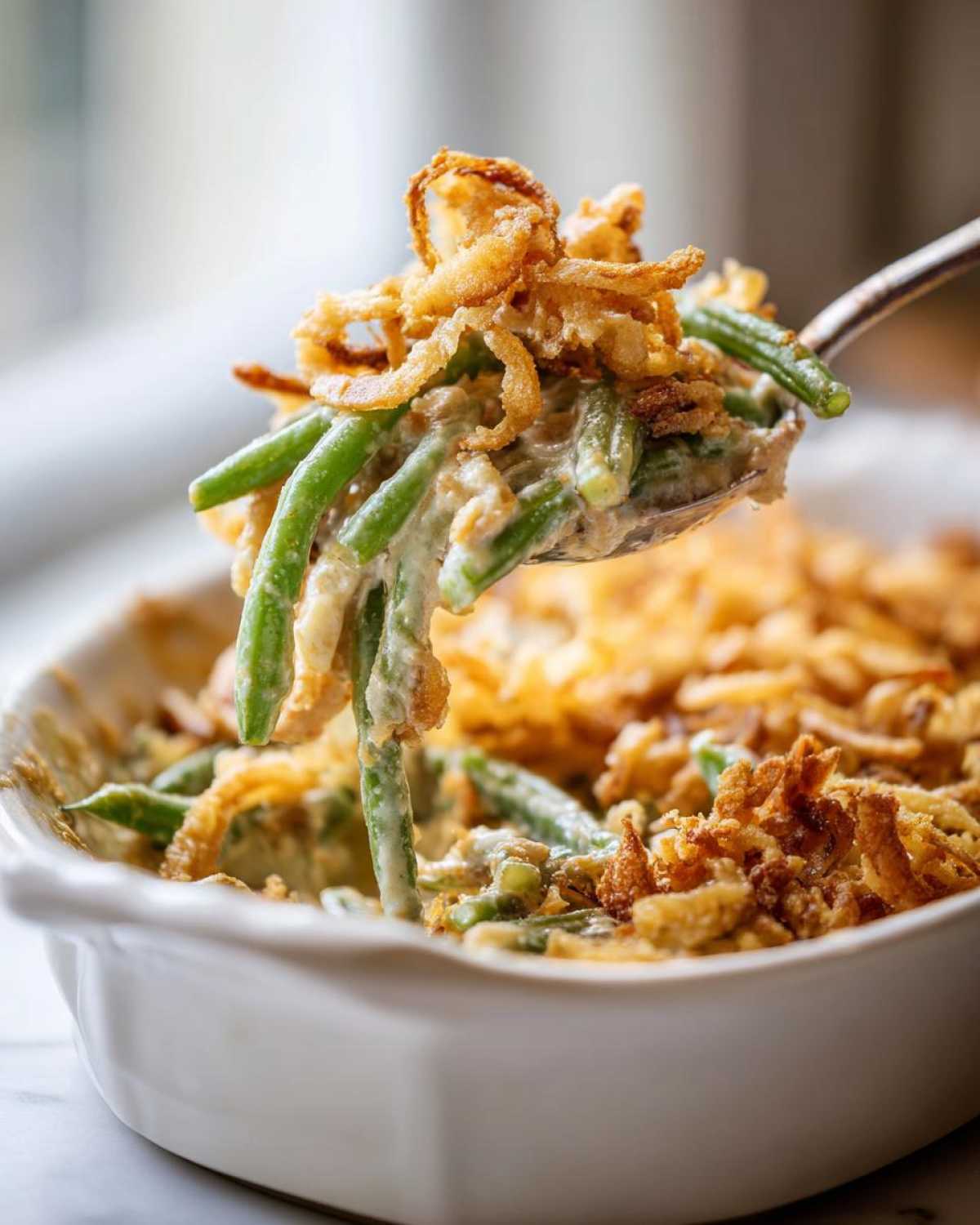 A spoonful of creamy green bean casserole topped with crispy fried onions being lifted from a white baking dish.