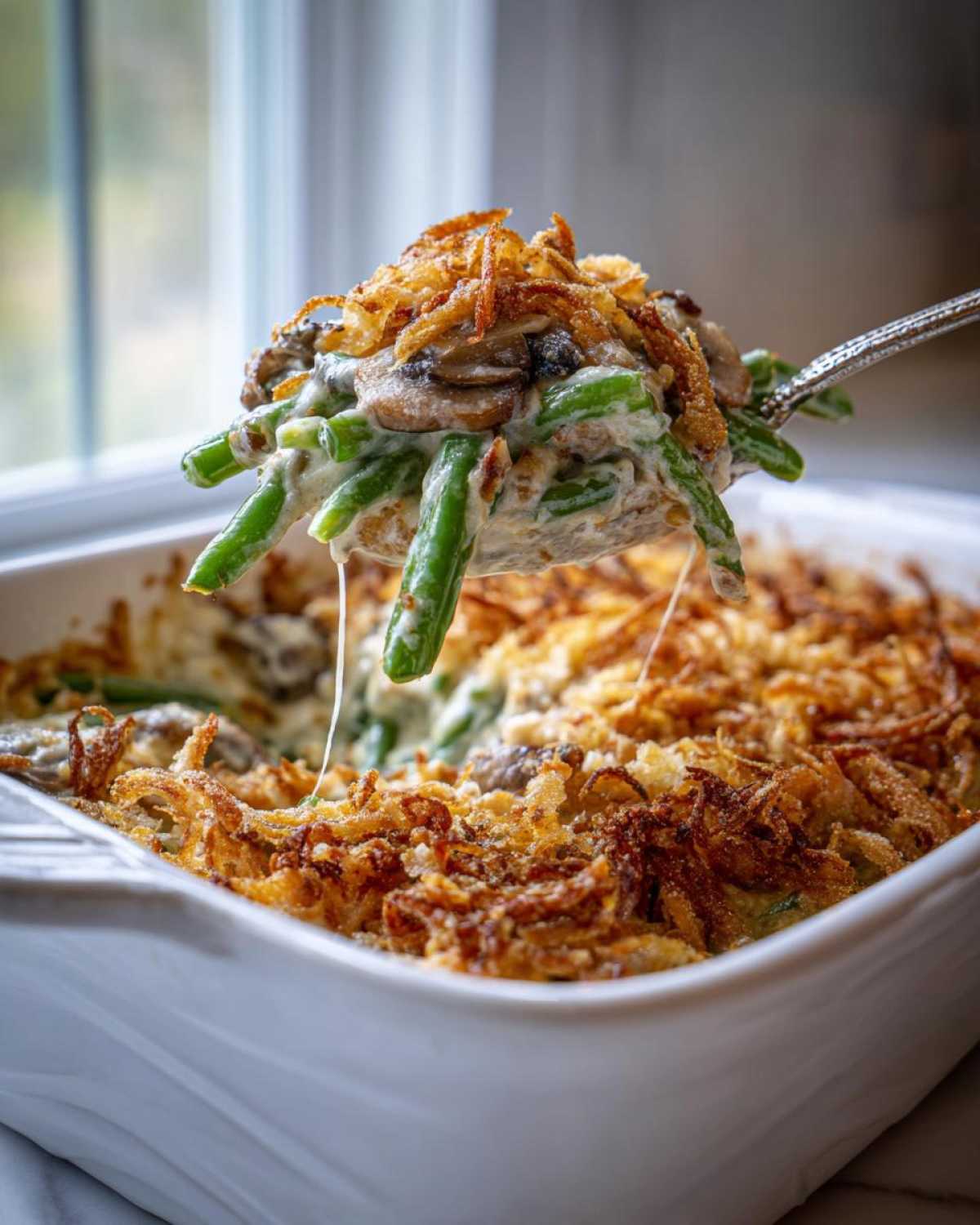A spoonful of creamy green bean casserole topped with crispy fried onions being lifted from a white baking dish.