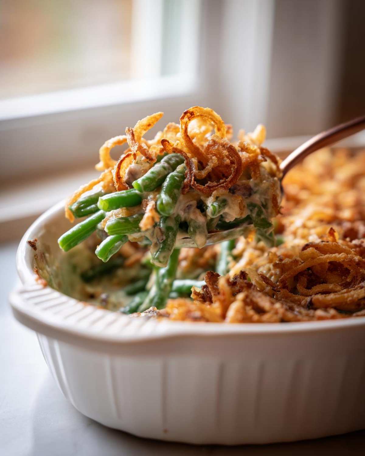 A spoonful of creamy green bean casserole topped with crispy fried onions being lifted from a white baking dish.