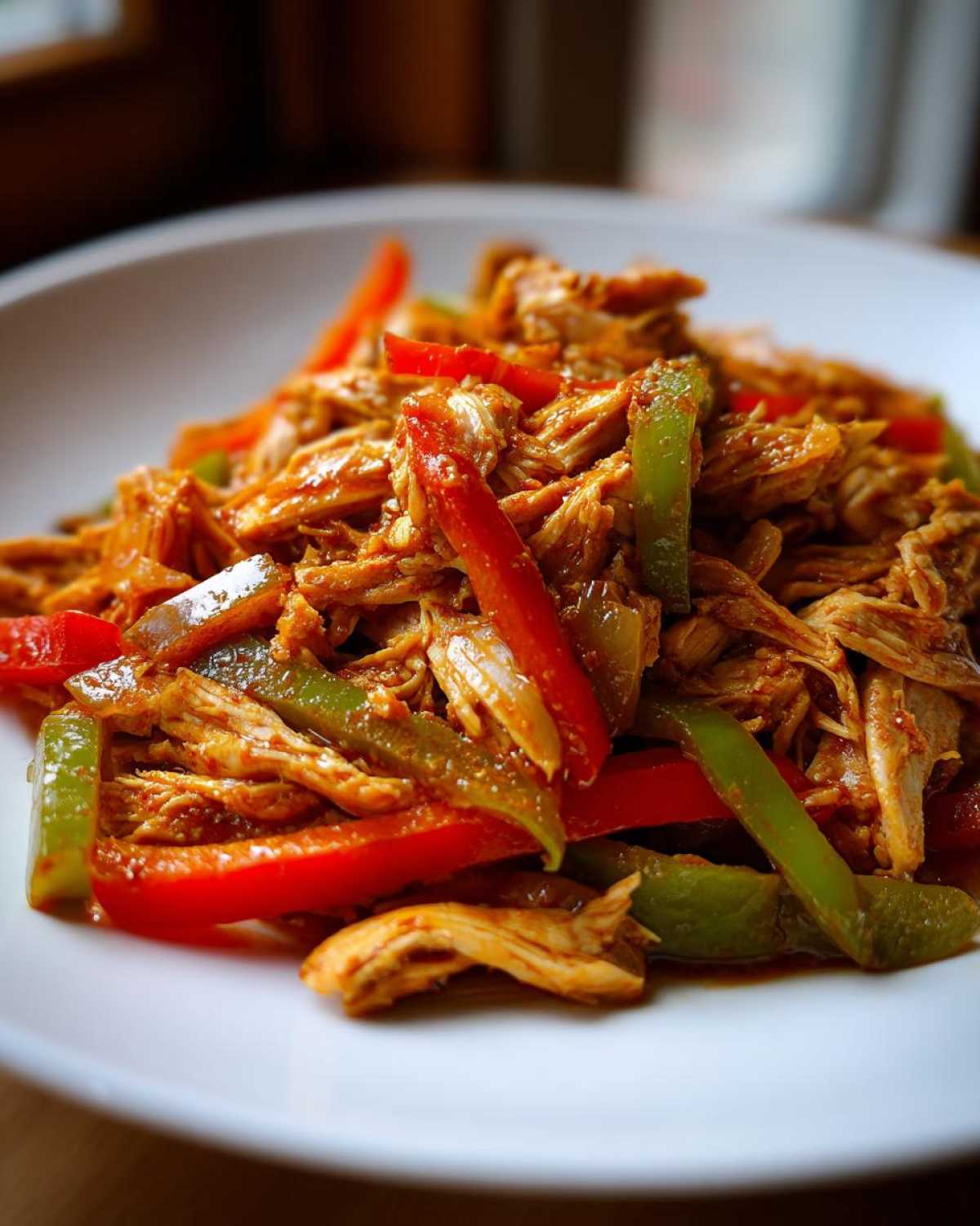 Close-up of shredded chicken mixed with sliced red and green bell peppers, ready for crockpot chicken fajitas.