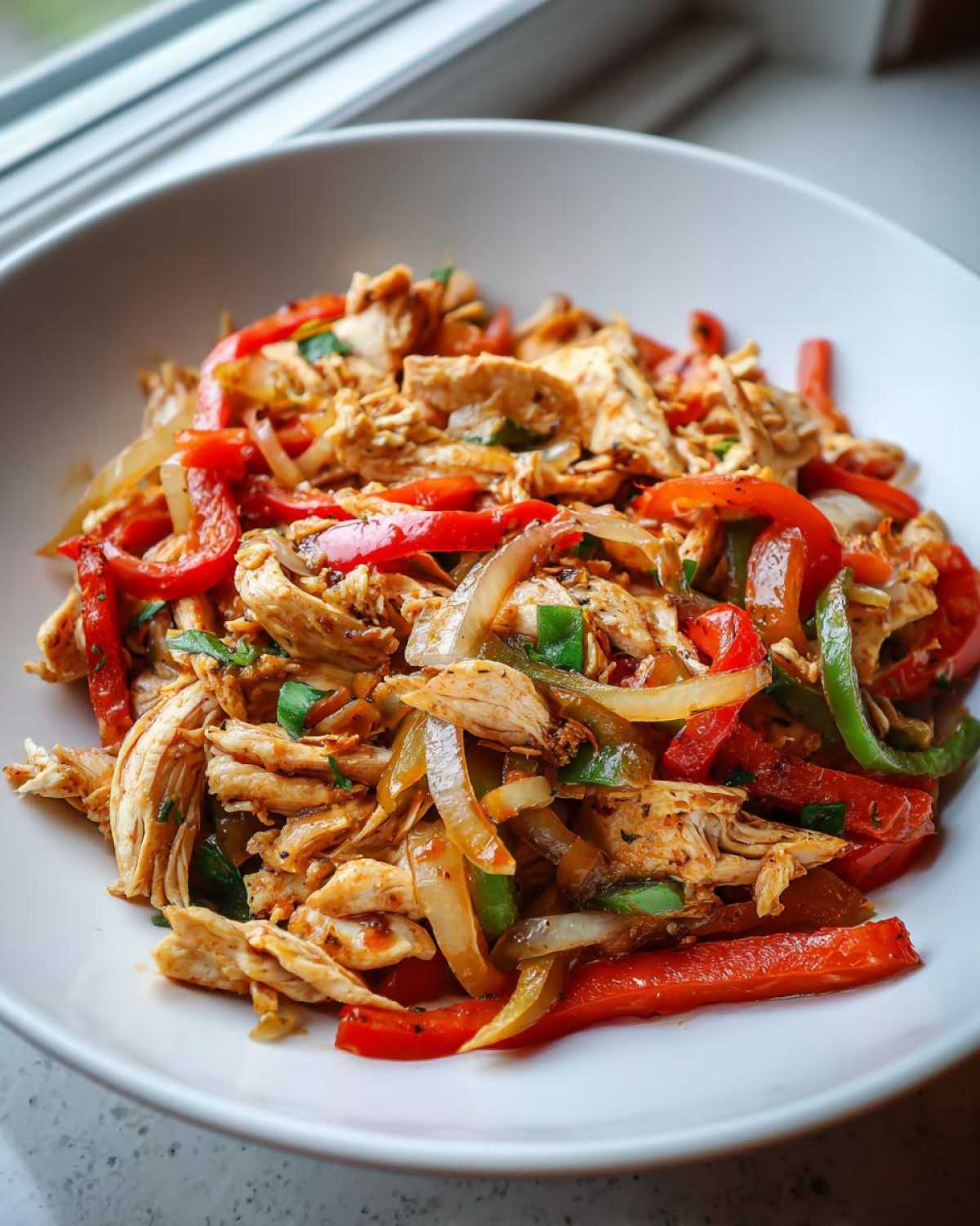 Close-up of shredded chicken mixed with sautéed red, green peppers, and onions for crockpot chicken fajitas.