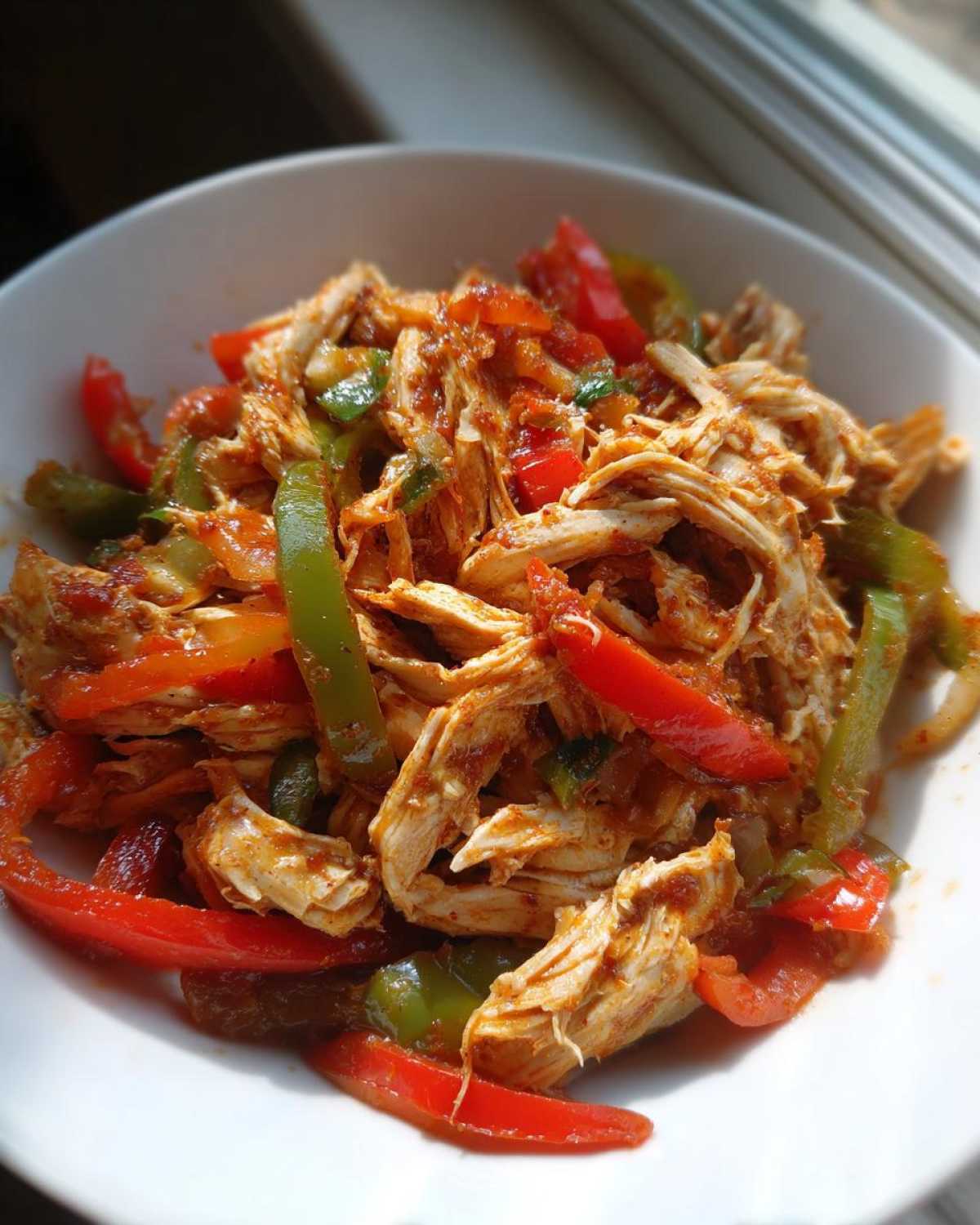 Close-up of shredded chicken mixed with red and green bell peppers, ready for crockpot chicken fajitas.