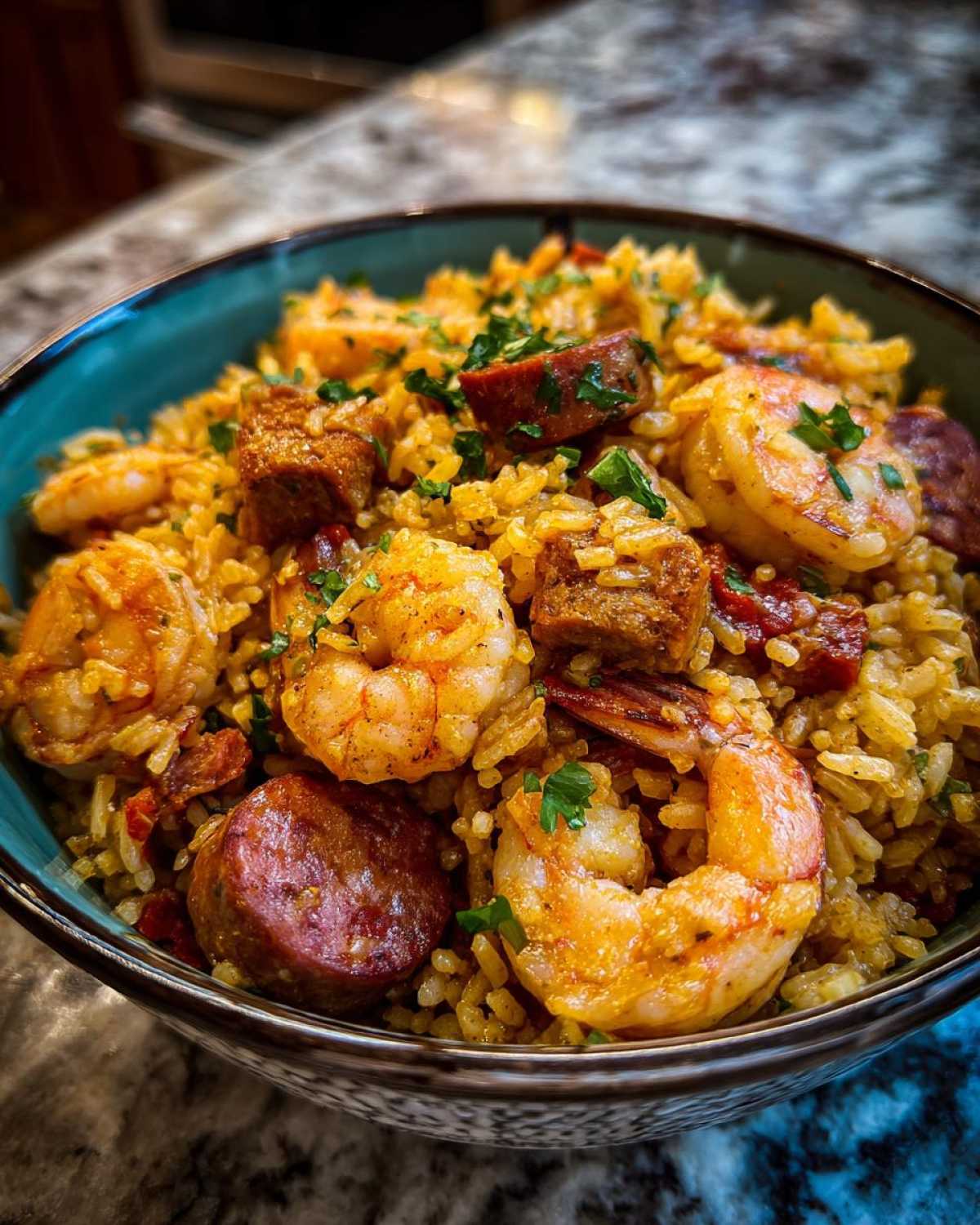 Close-up of a vibrant bowl of homemade jambalaya featuring seasoned shrimp, sliced and cubed andouille sausage, and yellow rice.
