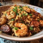Close-up of a hearty bowl of seasoned jambalaya featuring plump shrimp and slices of andouille sausage, topped with green onions.