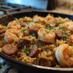 Close-up of flavorful shrimp and sausage jambalaya cooked and served in a black cast iron skillet.