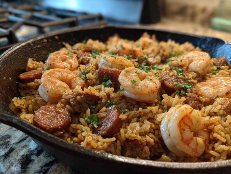 Close-up of flavorful shrimp and sausage jambalaya cooked and served in a black cast iron skillet.