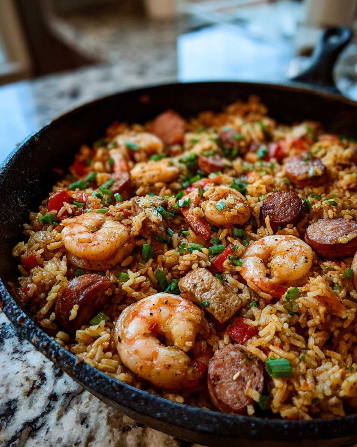 Close-up of rich, flavorful jambalaya featuring plump shrimp, sliced andouille sausage, and rice, garnished with chives.
