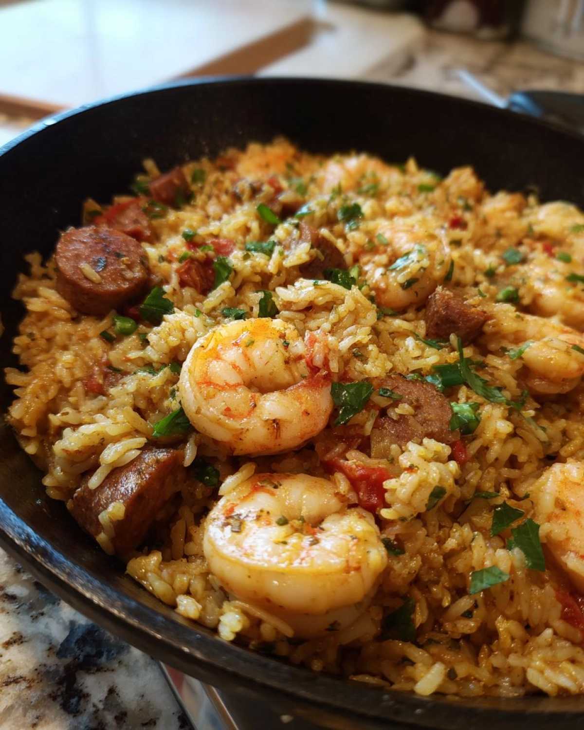 Close-up of flavorful shrimp and sausage jambalaya cooked in a black skillet, garnished with parsley.