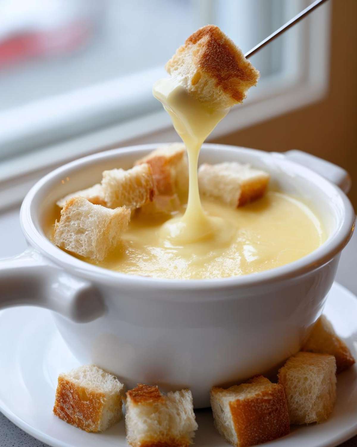 A piece of bread is lifted from a white bowl filled with smooth, creamy cheese fondue, showing a perfect, silky drip.