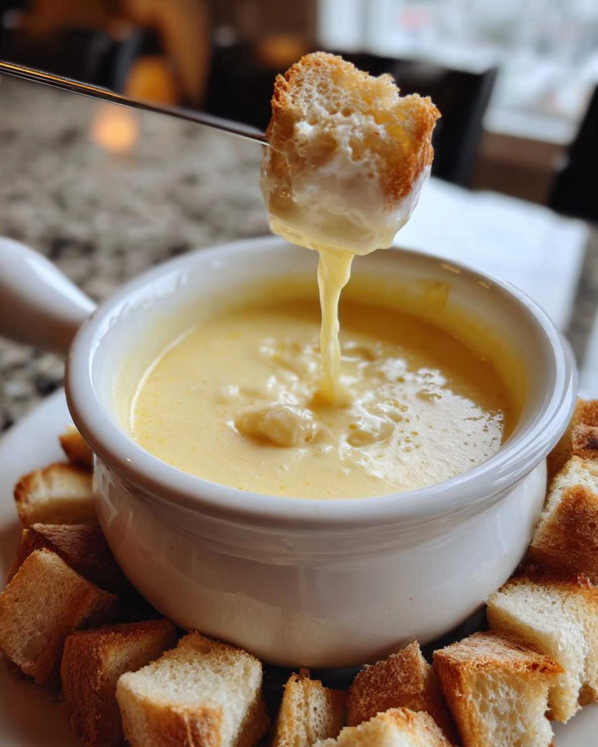 A piece of toasted bread is dipped into a white bowl of smooth, melted cheese fondue, showing a perfect cheese pull.