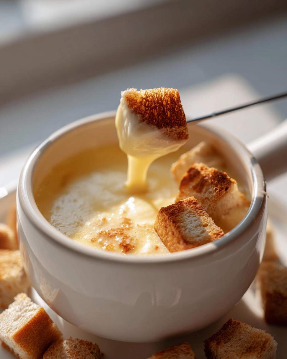 A piece of toasted bread is dipped into a white bowl of silky smooth cheese fondue using a fondue fork.