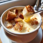 A piece of toasted bread being dipped into a bowl of silky, bubbling cheese fondue.