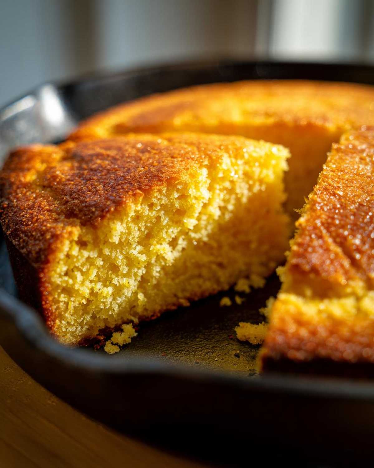 Close-up of a golden, moist slice of skillet cornbread cut from the whole loaf in a dark cast iron pan.