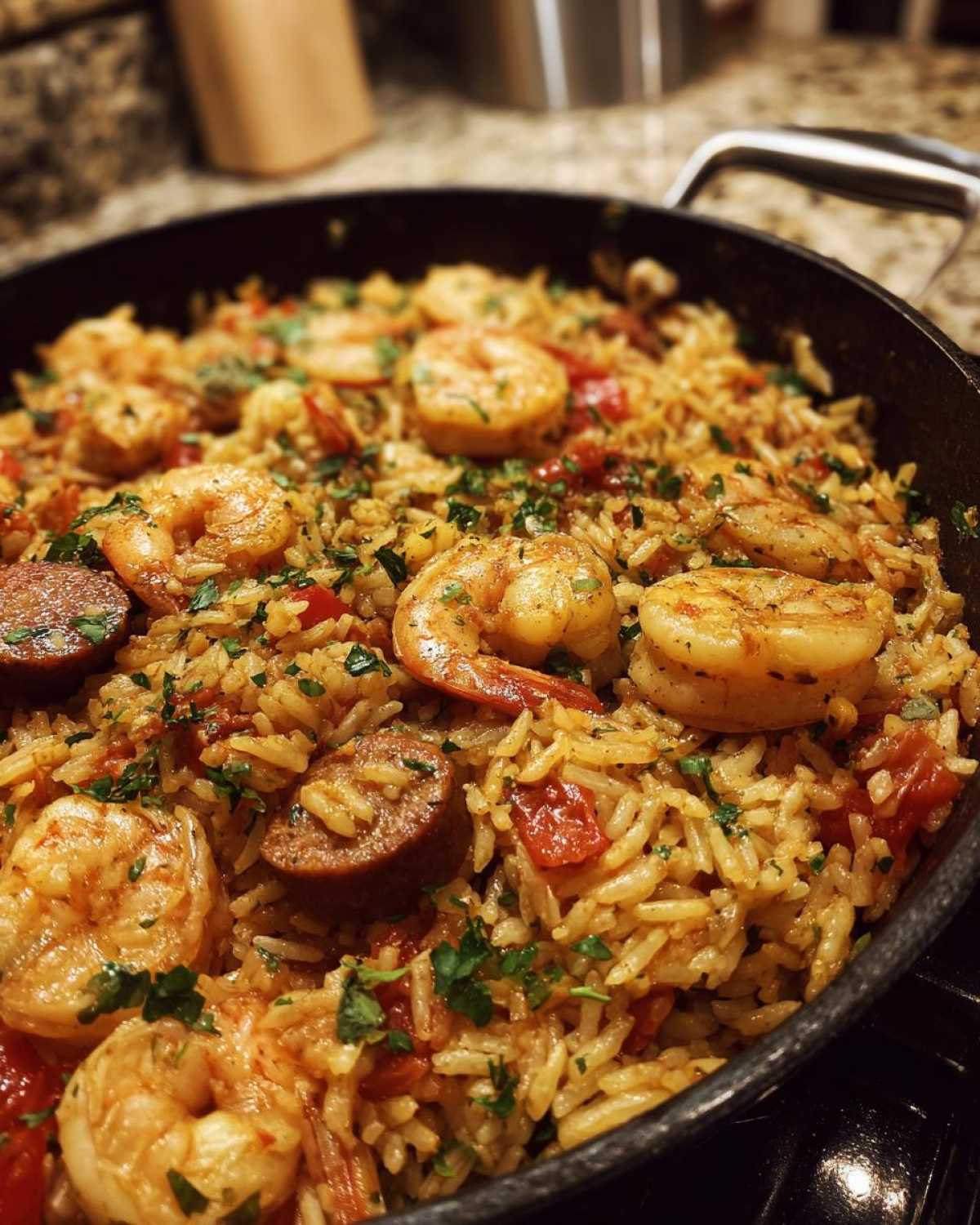 Close-up of flavorful jambalaya cooked in a skillet, featuring plump shrimp, sliced andouille sausage, and rice.