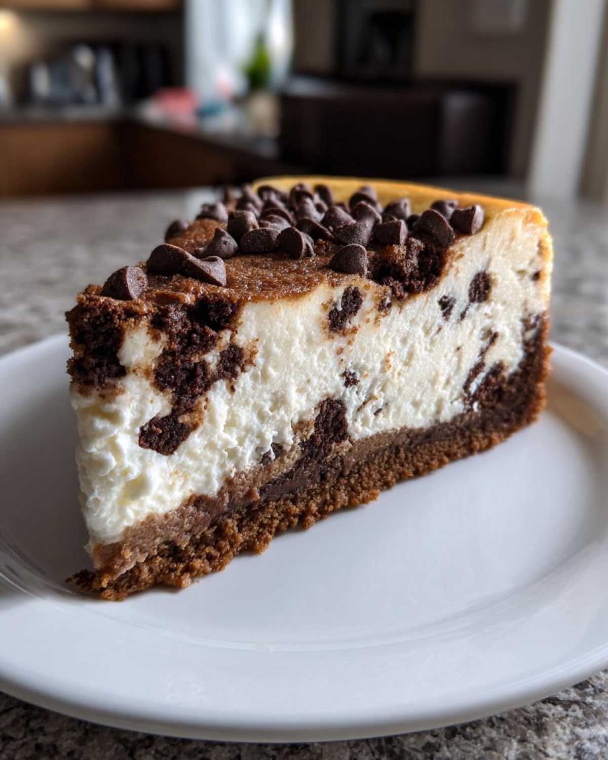 A perfect slice of chocolate chip cheesecake with a graham cracker crust and topped with mini chocolate chips.
