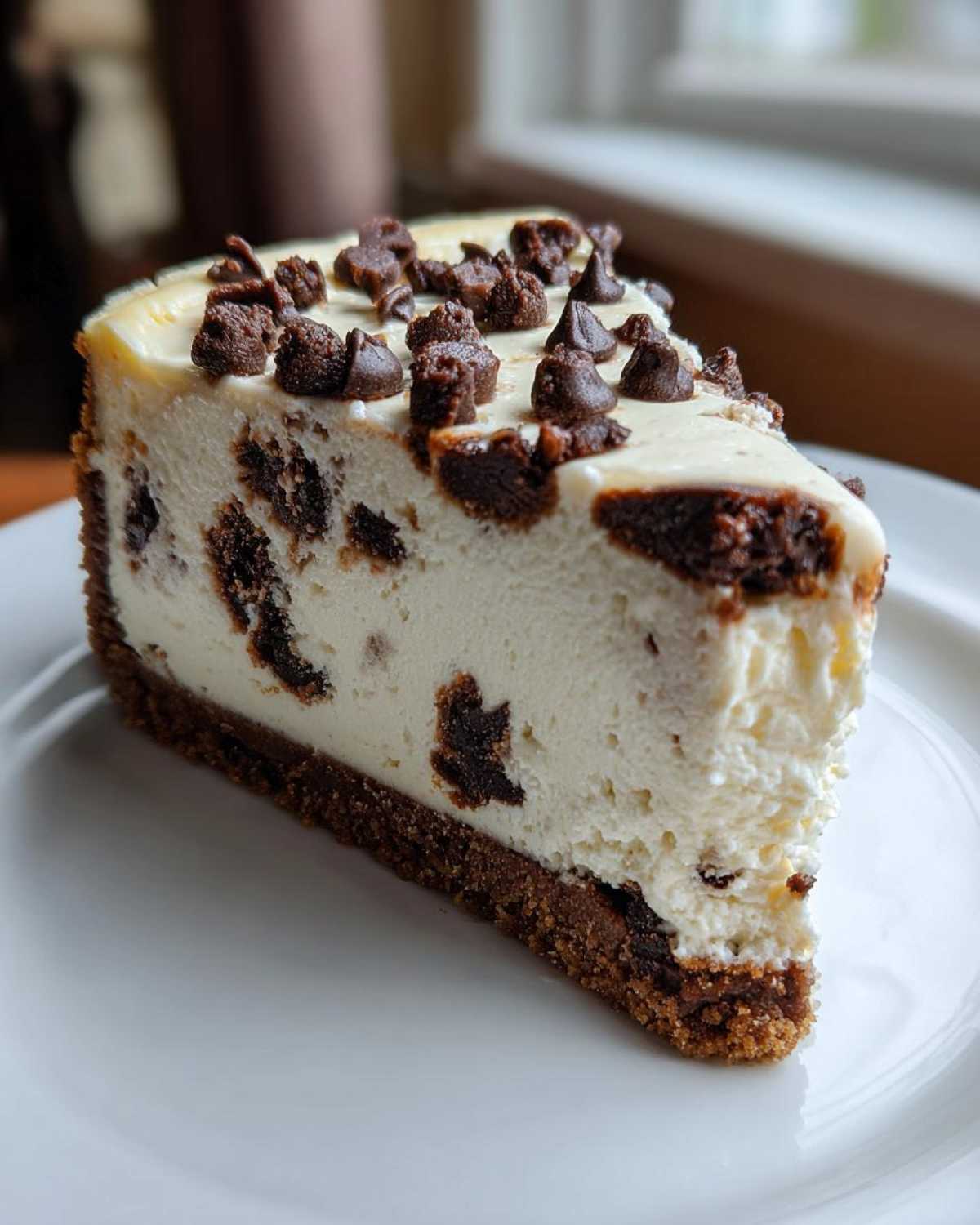 A close-up of a creamy slice of chocolate chip cheesecake with a dark crust, topped with chocolate chips.