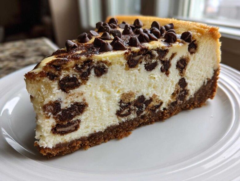 A perfect slice of rich chocolate chip cheesecake with a graham cracker crust, studded with chocolate chips.