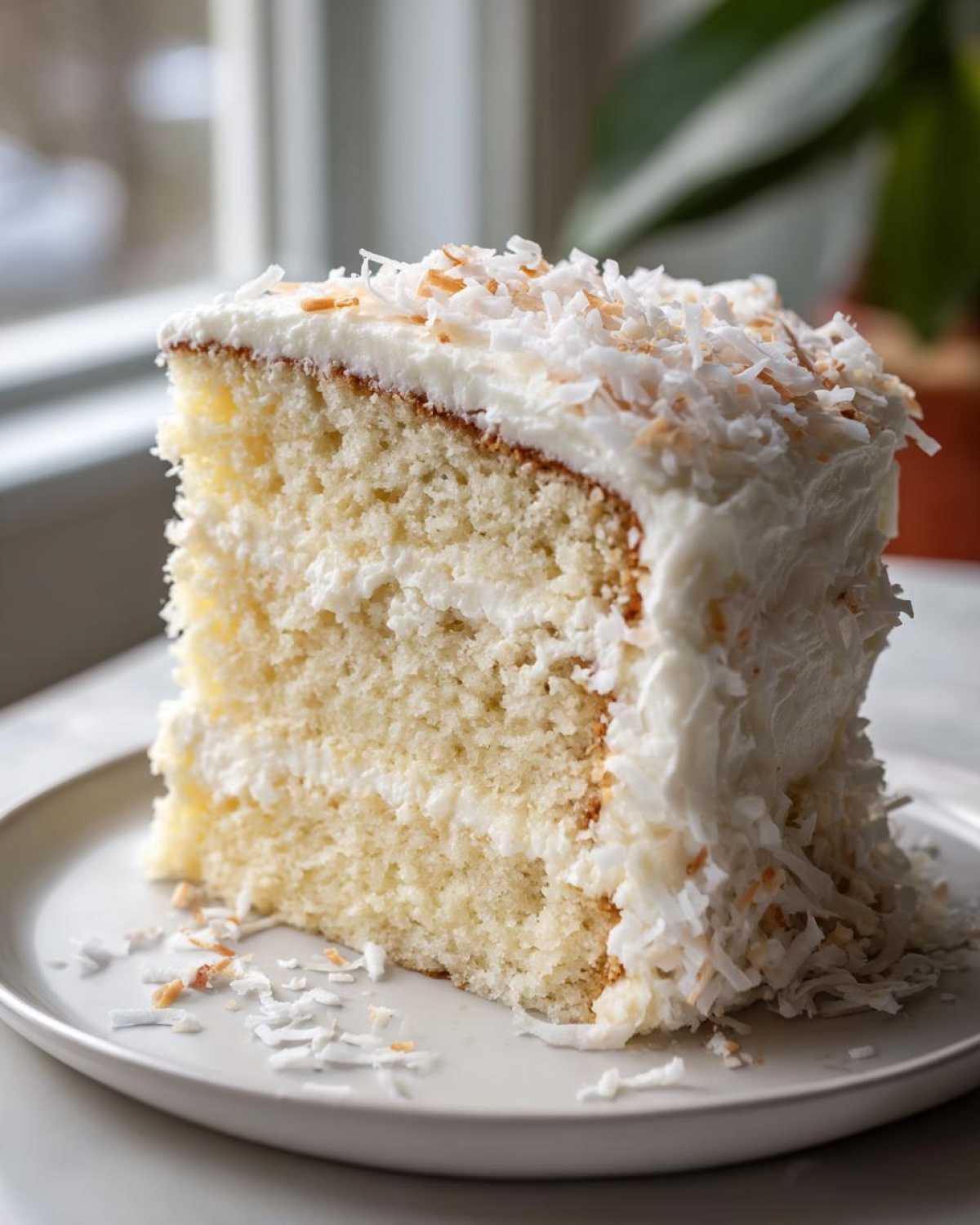 A tall, moist slice of 3-layer coconut cake with white frosting and toasted coconut flakes on top.