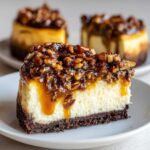 A close-up slice of rich turtle cheesecake topped with candied pecans and dripping caramel sauce.