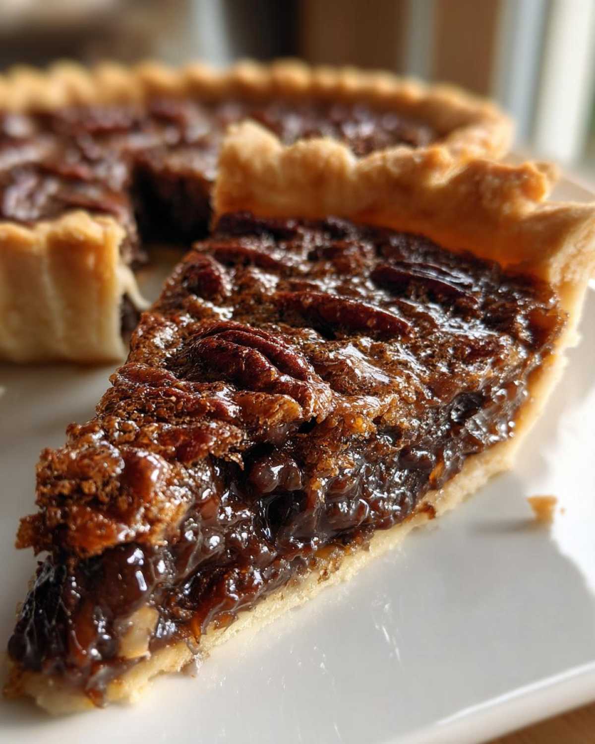 Close-up of a gooey slice of chocolate pecan pie showing the dark filling and pecans, with the rest of the pie blurred in the background.