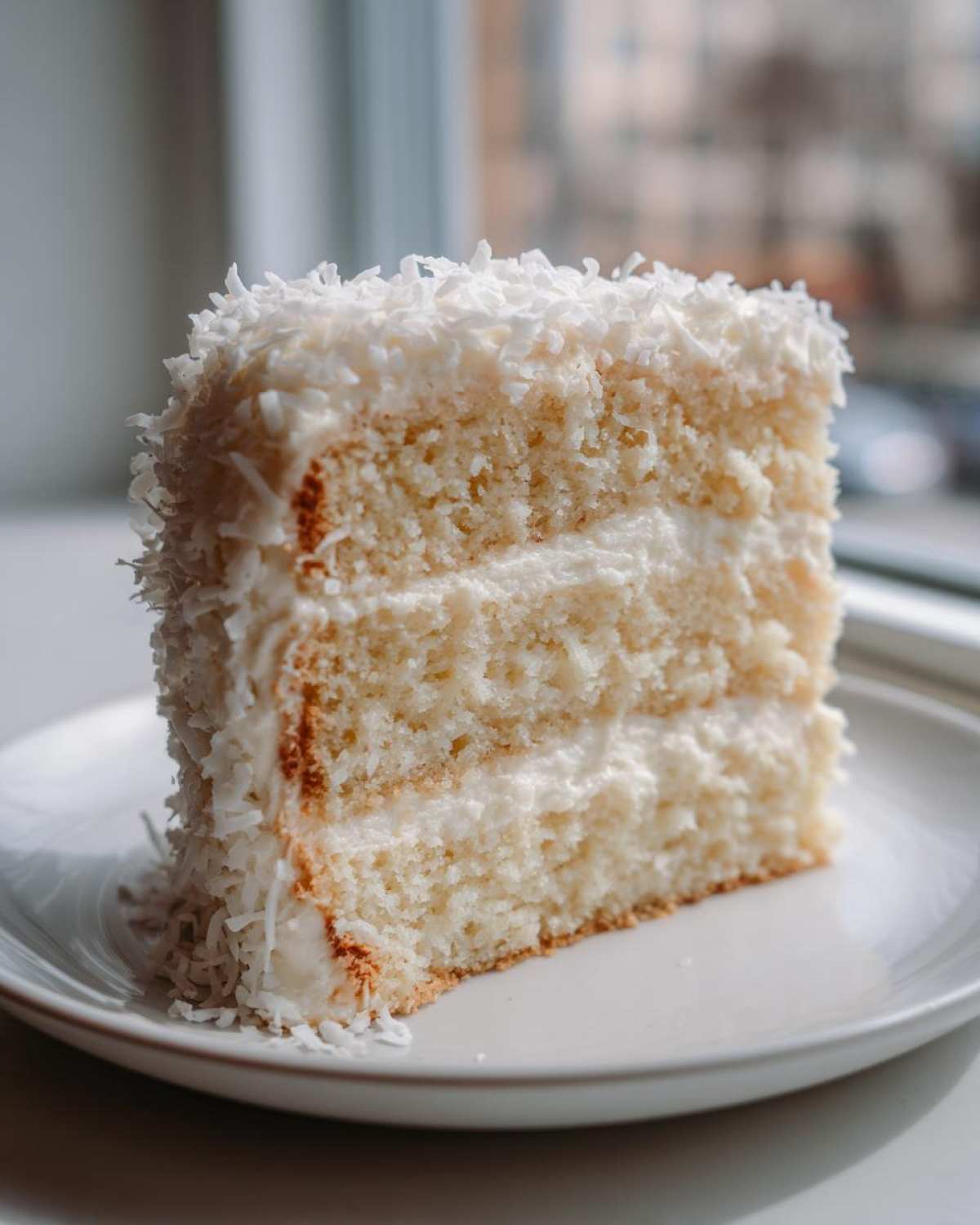 A tall, moist slice of 3-layer coconut cake covered in white frosting and shredded coconut flakes.