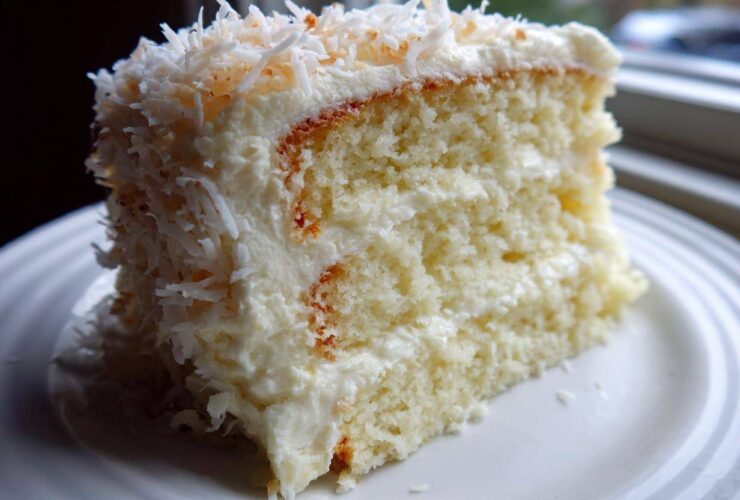 Close-up of a moist slice of 3-layer coconut cake covered in white frosting and shredded coconut.