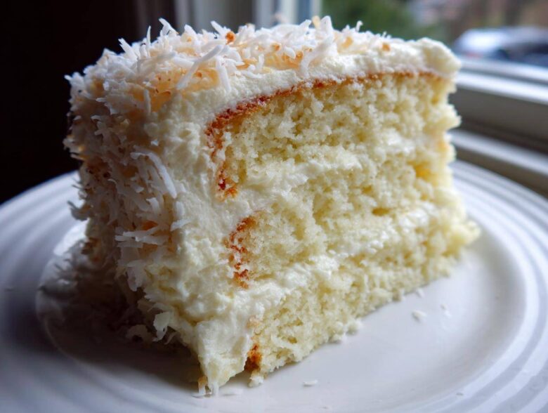 Close-up of a moist slice of 3-layer coconut cake covered in white frosting and shredded coconut.
